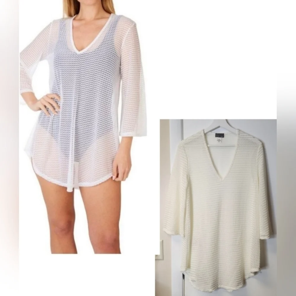 Jordan Taylor Swim Cover Up Mesh Tunic Bell Sleeve In Ivory Size M
